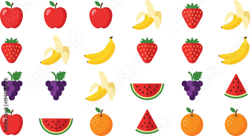 Colorful fruit icon set with apple banana strawberry grape watermelon and orange simple flat healthy food vector illustration