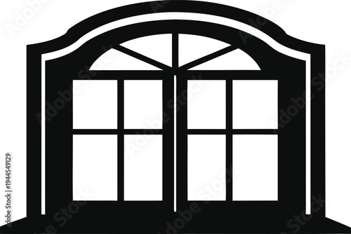 Black and white illustration of a classic arched window