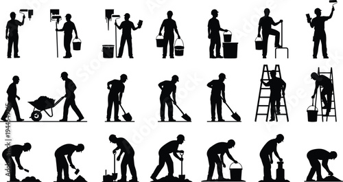 Construction worker silhouette set featuring painters and laborers using rollers shovels ladders wheelbarrows for site building maintenance renovation and industrial labor