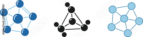 Molecule and network connection icon set including atomic structure, chemical bonds, data nodes and interconnected system symbols vector