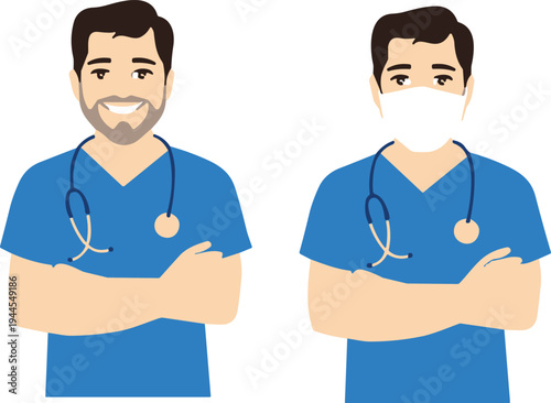 Male doctor character wearing medical scrubs with stethoscope, healthcare professional with and without face mask, medical worker illustration isolated on white background