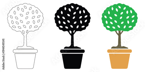 Potted Topiary Tree Icons in Flat and Outline Styles