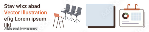 Workplace organization, business planning, productivity, corporate design, event scheduling, team discussions. Three chairs and a stool, a blank notebook and a calendar with charts. Workplace