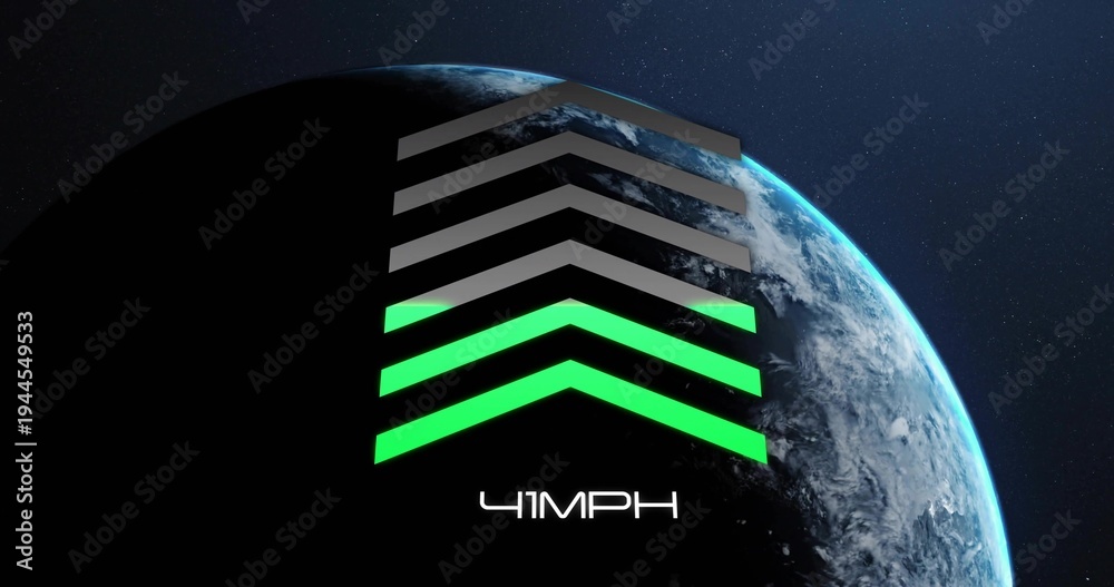 Naklejka premium Showing stacked chevrons over partially lit Earth in space, with neon green chevrons and white logo