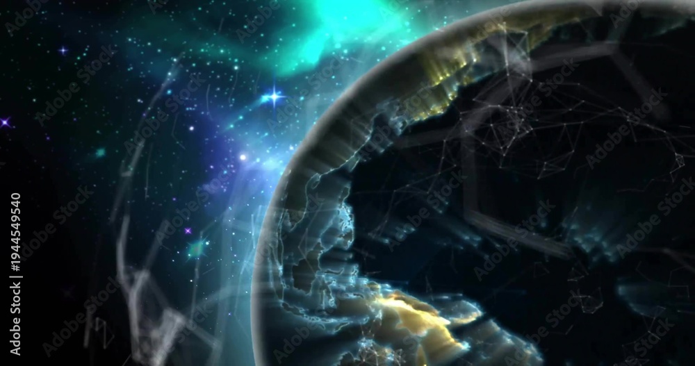 Obraz premium Showing partial planet globe glowing in orbit with golden terminator and teal aurora, mesh overlay