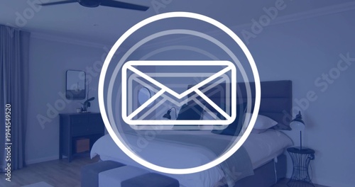 Overlaying white circular envelope graphic covering centered bedroom, with bed headboard, bench