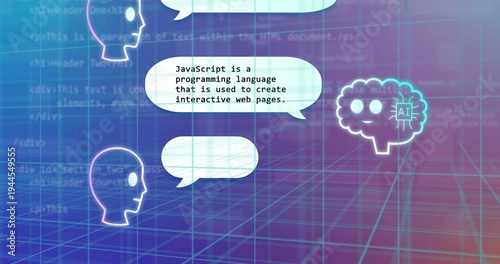 Displaying white speech bubble teaching JavaScript on neon grid with faint code, heads and AI brain