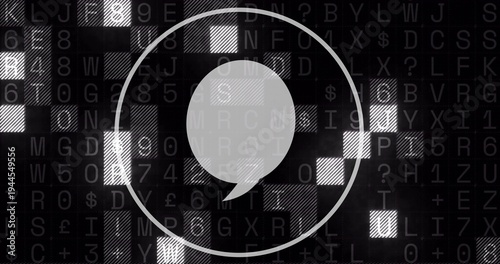 Displaying centered speech bubble with thin ring circling it on tiled grid, showing data symbols