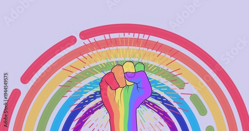 Featuring raised clenched fist sporting vertical rainbow stripes on lavender poster, radiating arcs