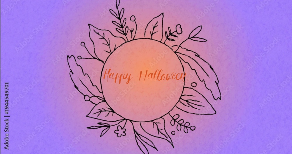 Obraz premium Displaying centered orange emblem reading Happy Halloween on lavender gradient, with black wreath