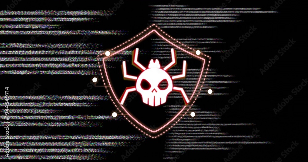 Fototapeta premium Glowing neon shield emblem pulsing in digital background, showing skull spider, nodes, RGB noise