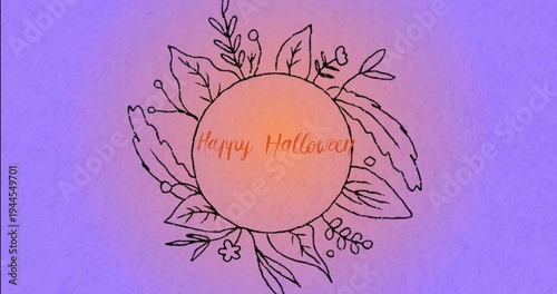 Displaying centered orange emblem reading Happy Halloween on lavender gradient, with black wreath