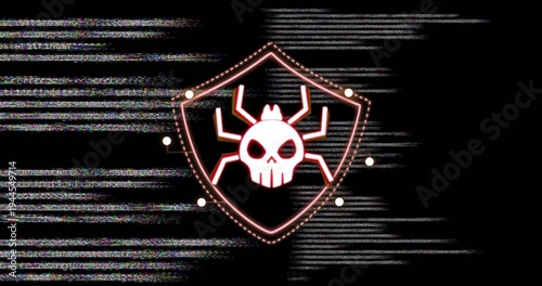 Glowing neon shield emblem pulsing in digital background, showing skull spider, nodes, RGB noise