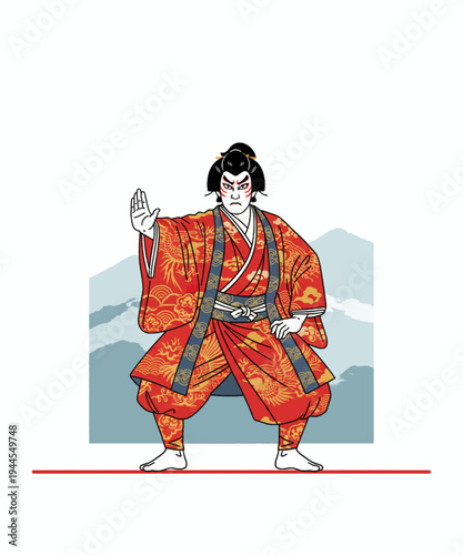 Japanese kabuki actor in red costume posing dramatic gesture vector illustration