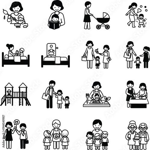 A collection of illustrations depicting various stages and activities of childcare and parenting