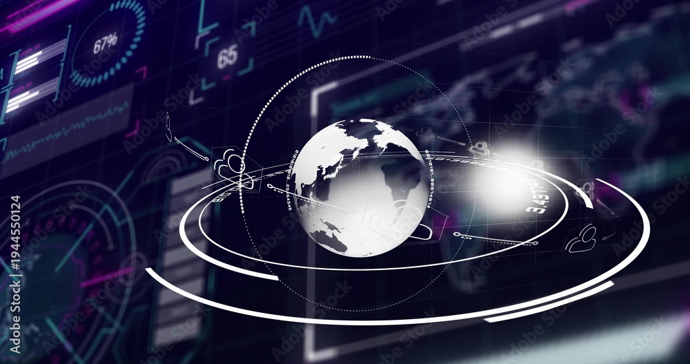 Fototapeta premium Displaying stylized globe rotating in virtual 3D dashboard, with orbital rings, HUD 67%, readout 65