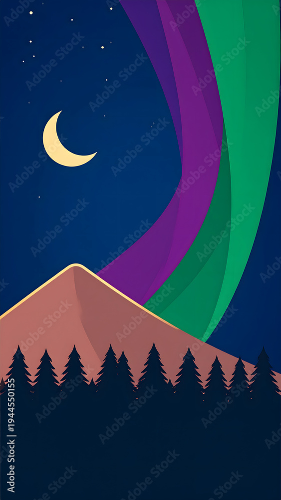 Fototapeta premium Sweeping Aurora Arc and Moon Illuminating Mountain Forest