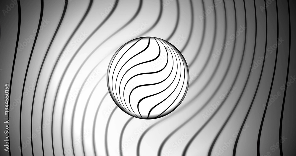 Naklejka premium Floating glossy glass sphere refracting black wavy lines on studio striped plane, radial highlight