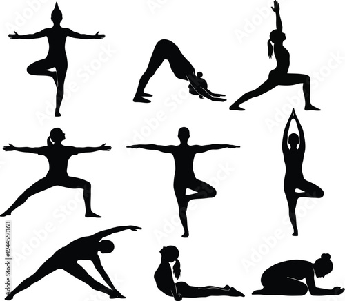 Nine essential yoga poses for flexibility and balance illustrated in black and white
