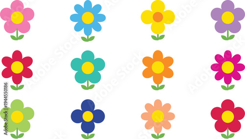 Colorful simple flower icons set with cute blooming floral shapes spring garden decoration flat vector illustration collection