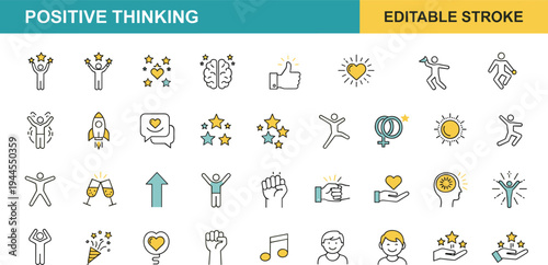 Positive thinking and motivation editable stroke icon set including happiness, success, confidence, celebration, inspiration, heart, sun, and uplifting symbols