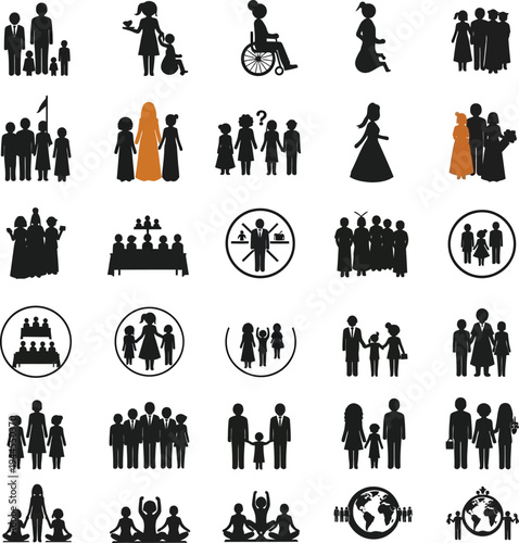 Diverse icons representing various social and familial human interactions and events