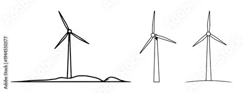 Wind turbine set with modern flat art design featuring green energy, technology, sustainable power with clean lines and simplicity