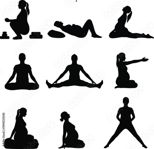 Nine yoga poses depicted through silhouettes for relaxation and flexibility exercises