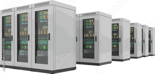 Data center server racks with digital monitoring panels, cloud computing storage infrastructure high performance network technology illustration