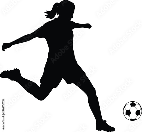Female soccer player silhouette kicking football, women sport athlete action footballer isolated vector illustration