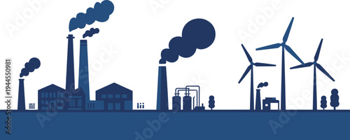 Industrial factory skyline with wind turbines and smoke chimneys, manufacturing plants energy production industry cityscape silhouette vector illustration background