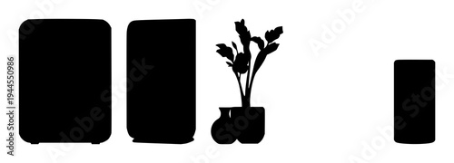 Air purifier set with solid black silhouette on white background featuring smart home, wellness, environmental tech with clean design and minimalist style