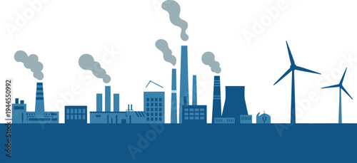 Industrial factory city skyline with wind turbines, power plant smokestacks and manufacturing industry landscape energy production illustration