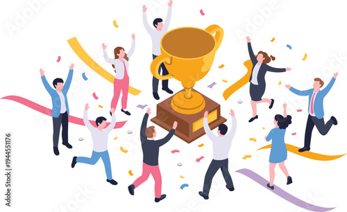 Isometric business team celebrating success trophy, corporate achievement concept, teamwork victory celebration, employee motivation, company award recognition illustration