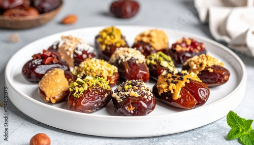 A beautiful arrangement of assorted stuffed dates with various toppings like pistachios, nuts, and honey, creating a vibrant and appetizing display on a neutral plate.