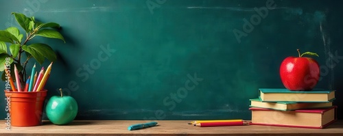 A vibrant educational template featuring colorful school supplies and a chalkboard for learning activities, supplies, design