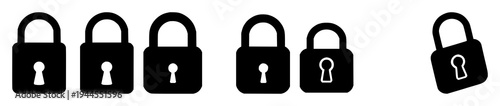 Padlock set with two flat black silhouettes side-by-side on a light gray background featuring black and white, minimalist, bold lines with lock and unlock