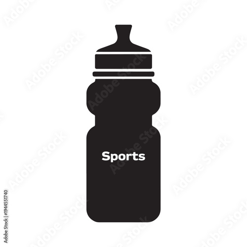 Simple black silhouette of a sports water bottle with text