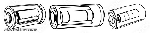 Lithium-ion cell set with hand-drawn scientific illustration of a cross-section featuring energy, tech, detail with white background and illustration