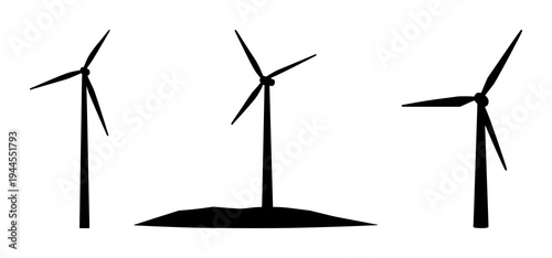 Wind turbine set with a solid black silhouette on a white background featuring vertical axis, renewable energy, geometric lines with icon and vector