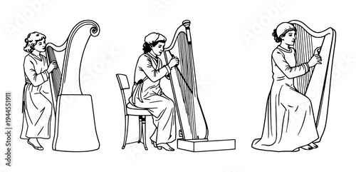 Harpsichordist set with continuous line illustration depicting a Baroque musician playing a harpsichord featuring minimalist thin line, white background, music, illustration with instrument