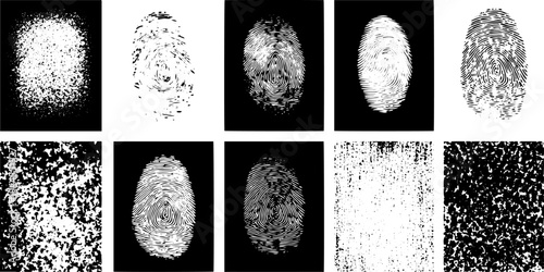 Grunge Hand Fingerprint Ink Mark Illustration Set with Brush Style Pattern and Distressed Overlay Texture.