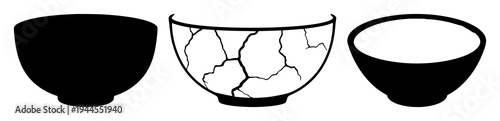Kintsugi pottery bowl set with solid black silhouette and visible repair cracks in minimalist style featuring art, repair, traditional Japanese ceramics with black and white and silhouette
