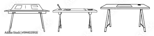 Architectural drafting table set with clean black line art on white background featuring drafting, design, geometry with studio and workspace