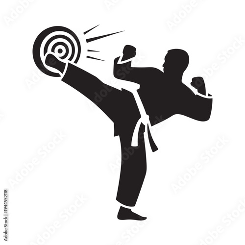 A martial artist delivers a dynamic roundhouse kick towards a target