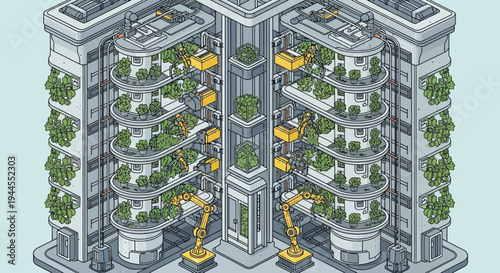 Vertical farm building with green plants.