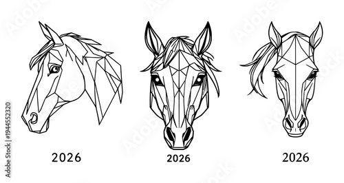 Horse head set with symmetrical line art and intricate polygonal patterns featuring geometry, animal, abstract with minimalism and futurism