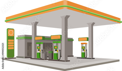 Vector illustration of fuel station with multiple pumps providing gasoline or diesel for vehicles, representing transportation energy supply and infrastructure.