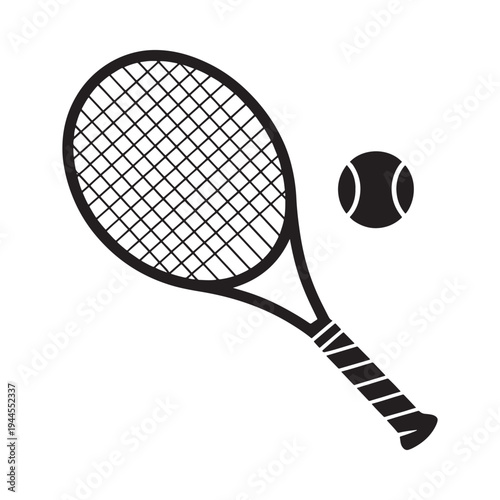 A black and white illustration depicting a tennis racket and ball