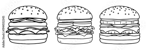 Burger set with line art style featuring fast food, meal, hamburger with vegetables and cheese